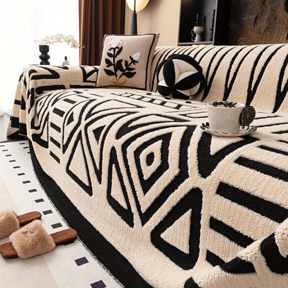 Modern Geometric Plush Sofa Cover in Black & White, All-Season, Dust-Proof, Pet-Friendly. Fits Single to Four-Seater Sofas. Machine Washable. Ideal for Living Room & Bedroom.