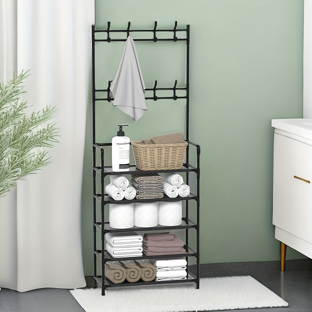 3-in-1 shoe rack with metal hooks and dust cloth, perfect for entrance, living room, or bedroom. Easy to assemble and move, provides sturdy storage.