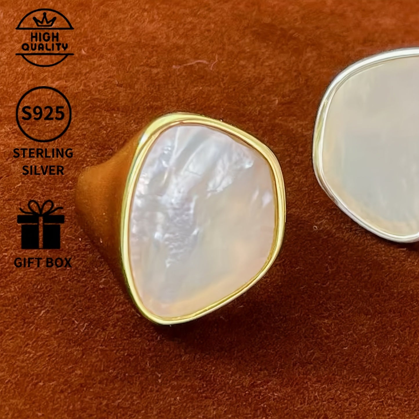 Handcrafted Luxury Hip Hop Style Ring with 925 Sterling Silver and 14K Gold Plated Shell Inlay - Perfect for Special Occasions and Celebrations like Christmas, Thanksgiving, Mother's Day, Valentine's, Proposals, Anniversaries, and Birthday Parties -