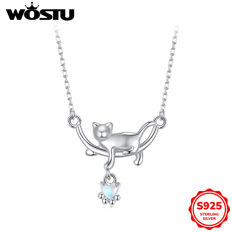 WhimsyCat Cartoon Cat Pendant Necklace in 925 Sterling Silver with Moonstone, Adorable Jewelry for Women, Great for Everyday Wear and Gifting, Ideal Valentine's Day Gift, Lightweight at 3.7g, Pendant for Him or Her