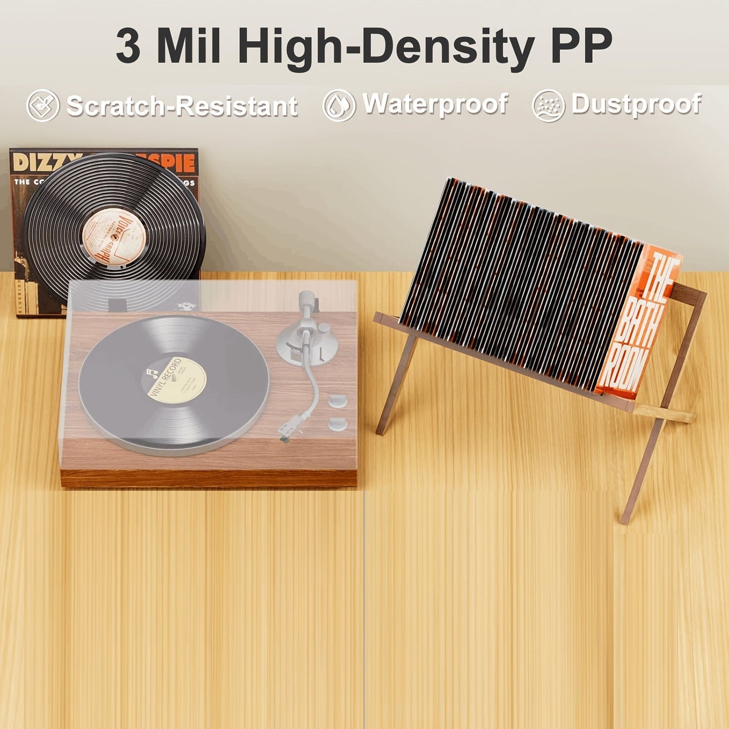 We have vinyl record jackets available in packs of 100, 50 or 25. These 12-inch LP jackets are durable, wrinkle-free, and crystal clear. They are made of high-density polypropylene and are 3mm thick. Each jacket measures 12.75 inches by 12.75 inches