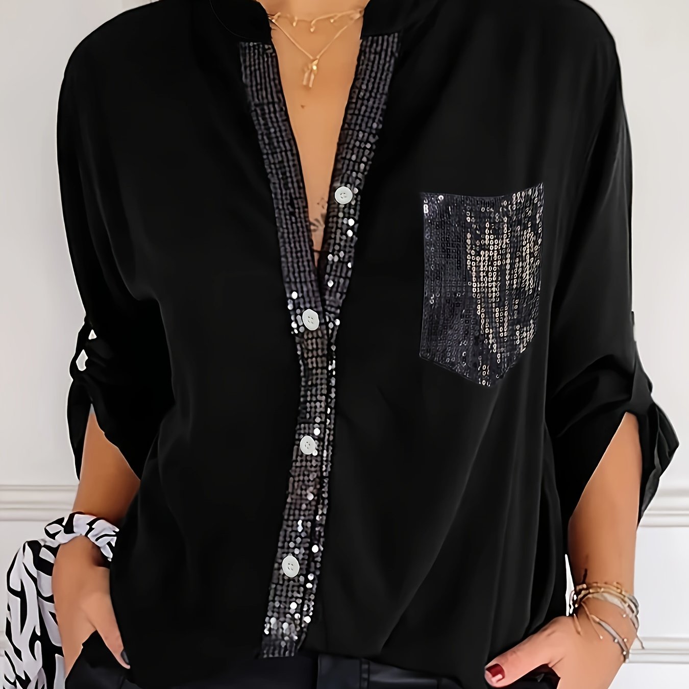 Women's 1pc Elegant Sequin Embellished Stand Collar Long Sleeve Shirt, 95% Polyester 5% Spandex, Solid Color Woven Blouse for Spring/Fall