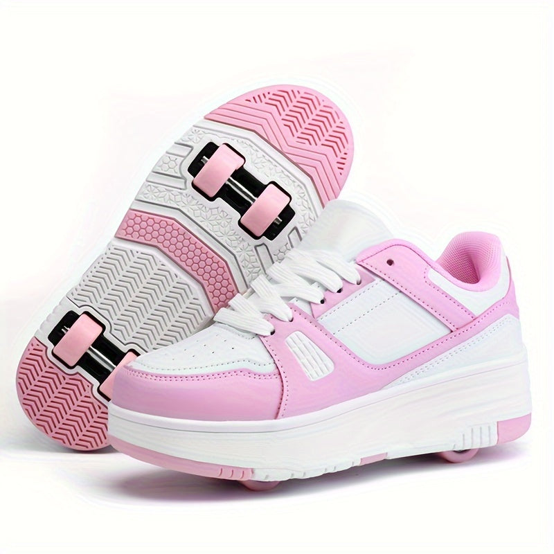 Girls' fashion roller skates with 4 detachable wheels, lightweight and breathable design. Waterproof PU upper, adjustable lace-up closure for outdoor fun in all seasons. Trendy and