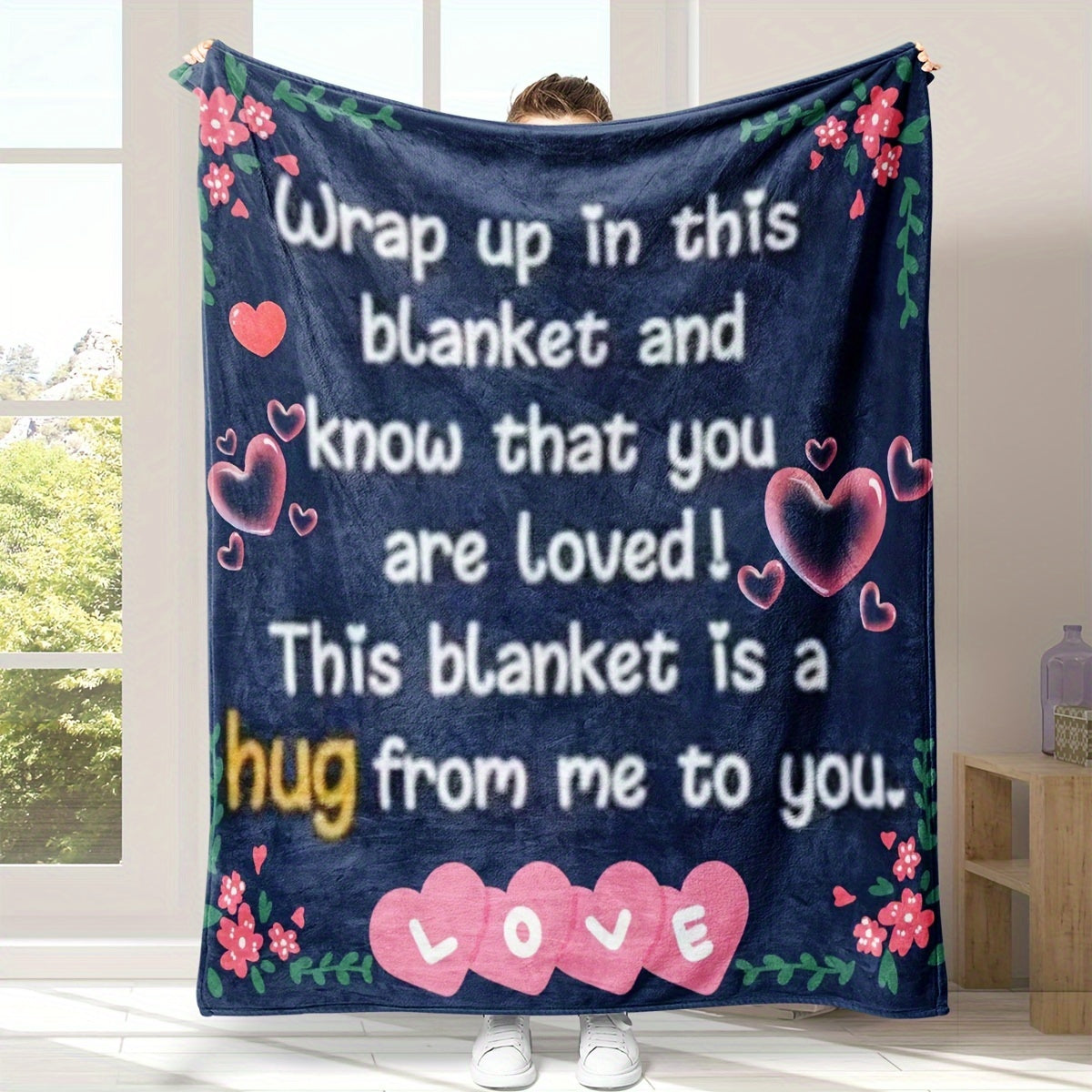 Soft pink love printed blanket perfect for snuggling up with good friends, whether on the couch, in the office, on the bed, or while camping or traveling. This multi-purpose gift blanket is perfect for all seasons and is sure to be loved by all.