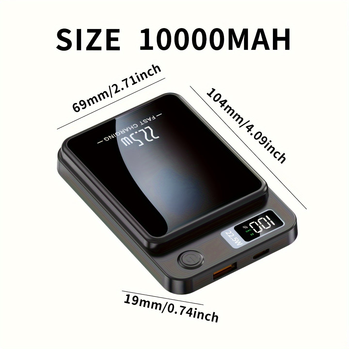 Portable wireless 10000mAh magnetic power bank for iPhone and Samsung devices, with PD+QC3.0 fast charging and LED display.