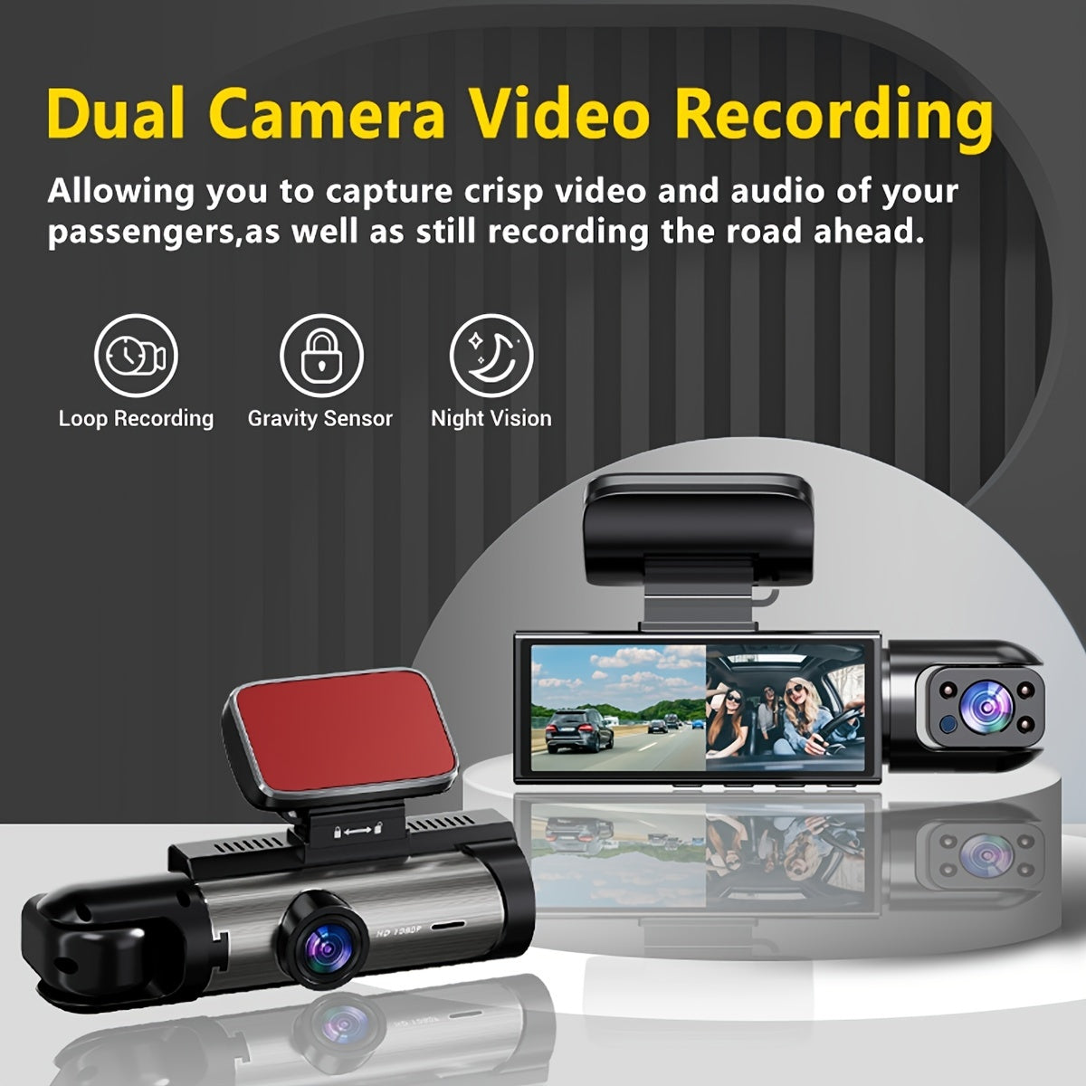 3.16-inch IPS screen dual-recording A9 driving recorder with 64G memory card captures front and interior views.