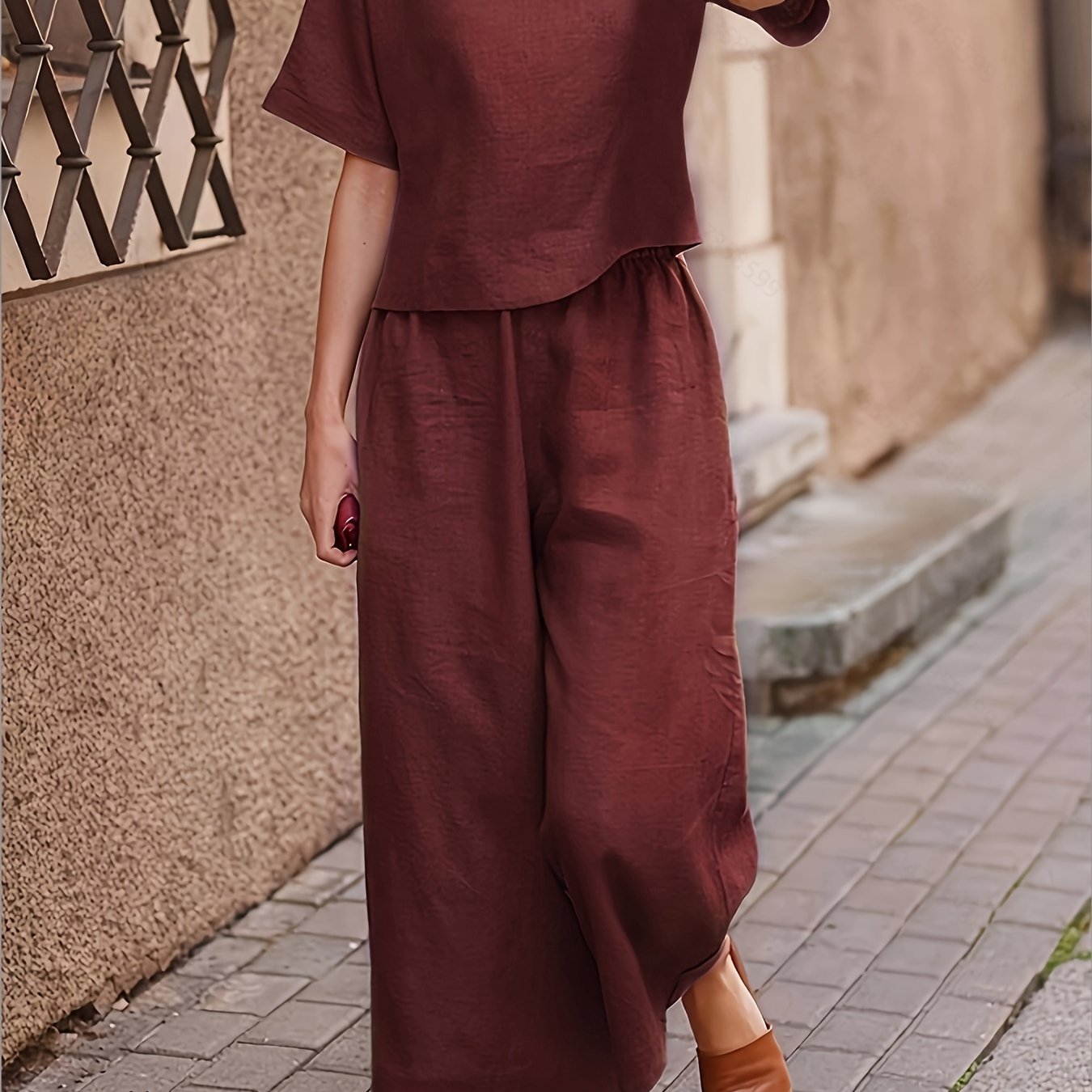 Casual Women's Crew Neck T-Shirt and Wide Leg Pants Set