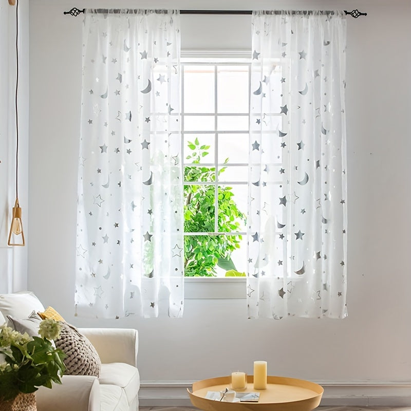 White tulle curtains with shiny silver and golden stars moon cartoon design, perfect for kids' room. Can also be used as modern and cute window treatment sheers for living room or bedroom. Features 1PC rod pocket top for easy hanging.