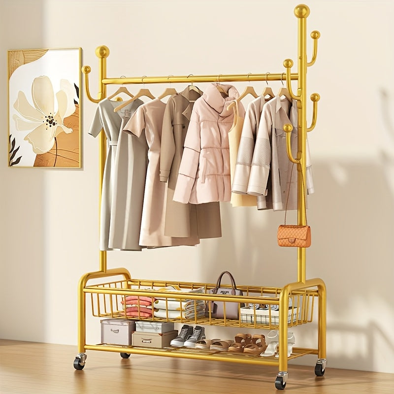 Multifunctional Rolling Coat Rack with 6 Hooks & Shelf - Strong Metal Construction, Perfect for Hanging Clothes, Jackets, Skirts, Coats, Scarves - Sleek Black Finish