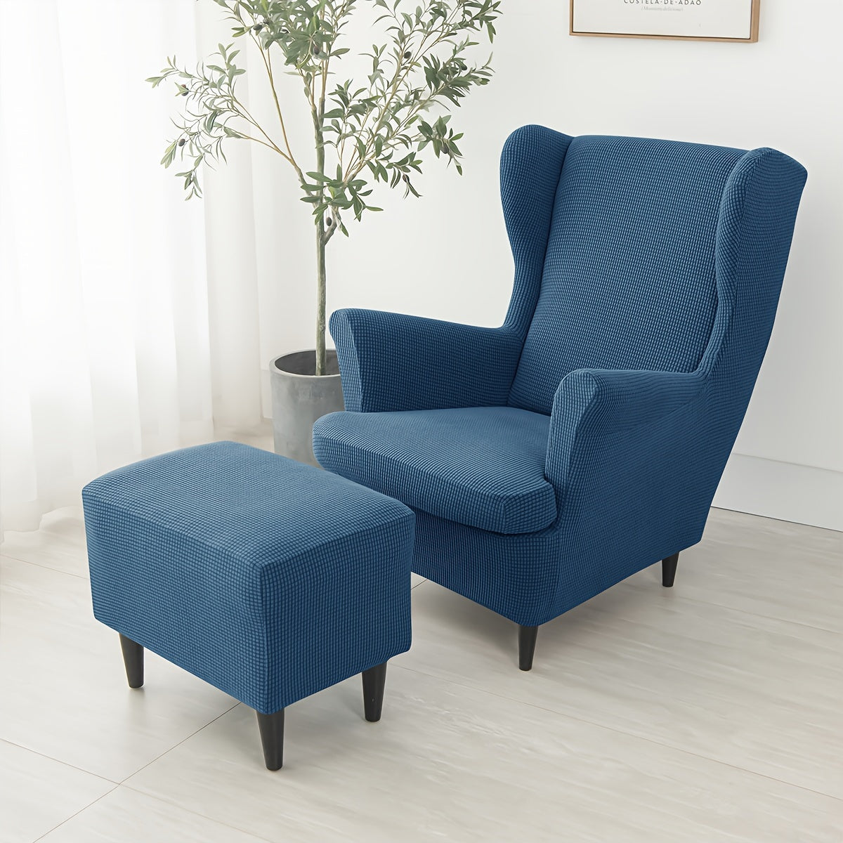 Contemporary 3-piece armchair and ottoman slipcover set made of polyester and spandex with elastic band, machine washable and non-slip grip design for single-seat sofa.