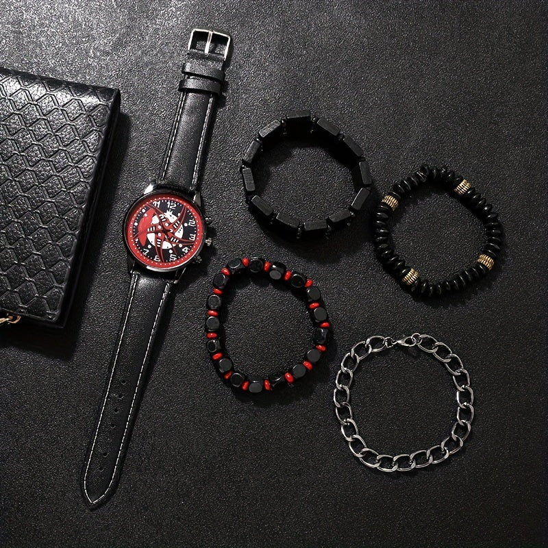 Set of 5, Men's Red Black Fashion Quartz PU Leather Watch and Bead Bracelet Set, Perfect Gift for Him.