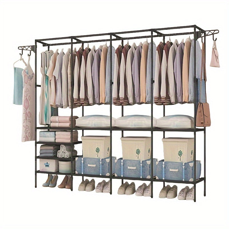 Large Capacity, Freestanding 3/4-Row Carbon Steel Coat Rack with Shoe and Storage Shelves for Bedroom and Living Room Organization - Versatile Option