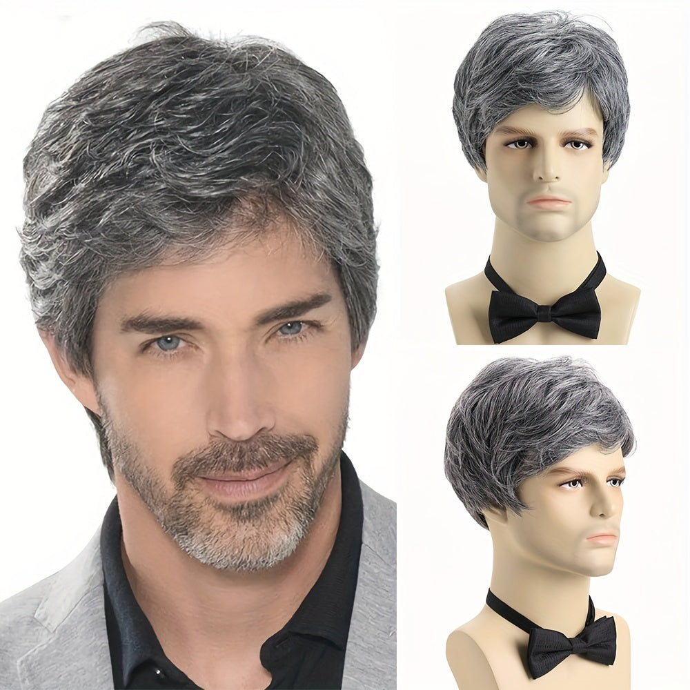 Stylish Men's Fashion Wig: Short Wavy Gray with Side Bangs, 25.4 cm in Synthetic Fiber - Perfect for Daily Wear, Role Play, Halloween, Nightclub, and Parties. Made of Durable Polyester Material, Hand Wash Recommended and Heat Resistant.