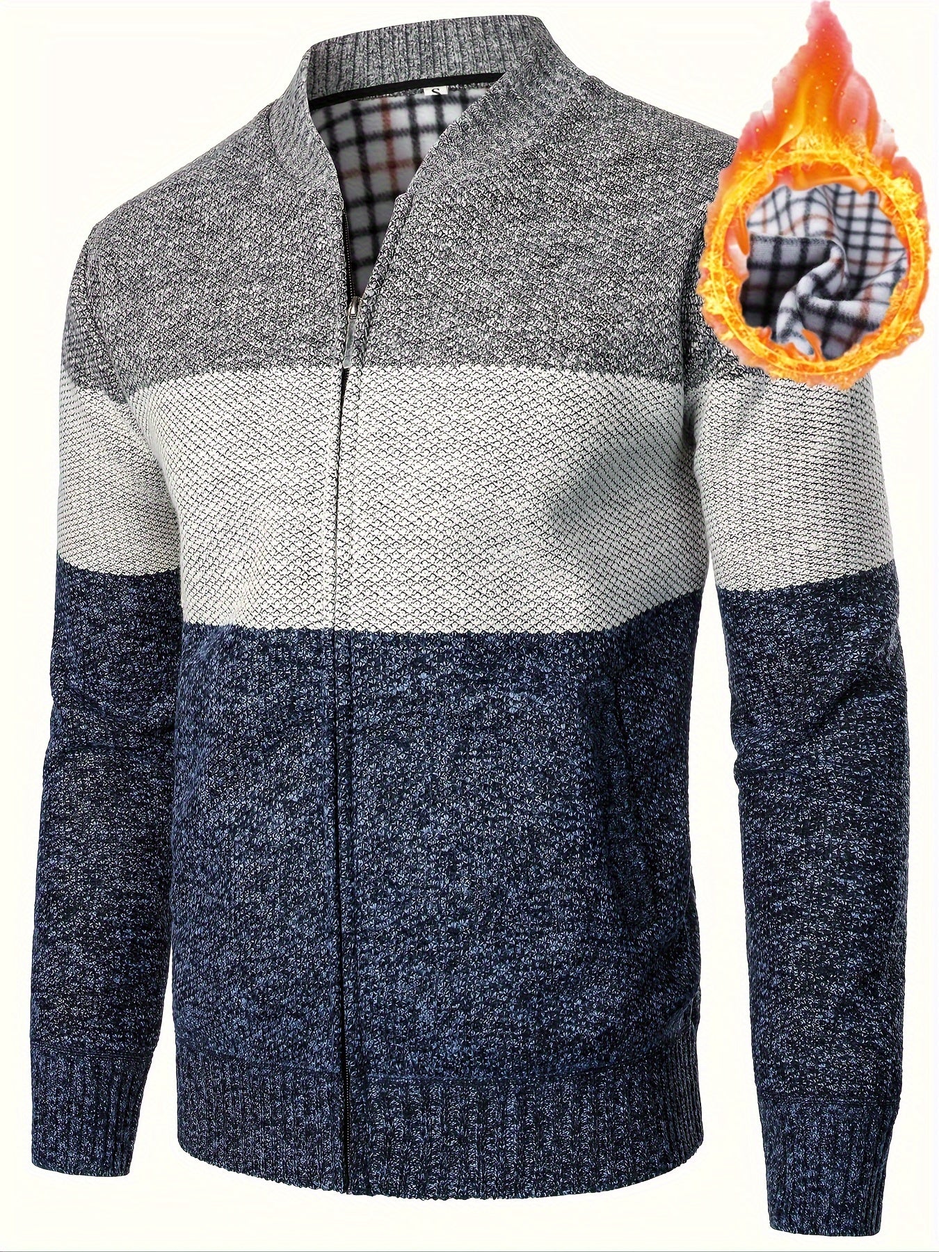 Men's high neck fleece jacket with color block knit, mid stretch zip-up outerwear in regular fit with placket closure, thick for fall/winter.