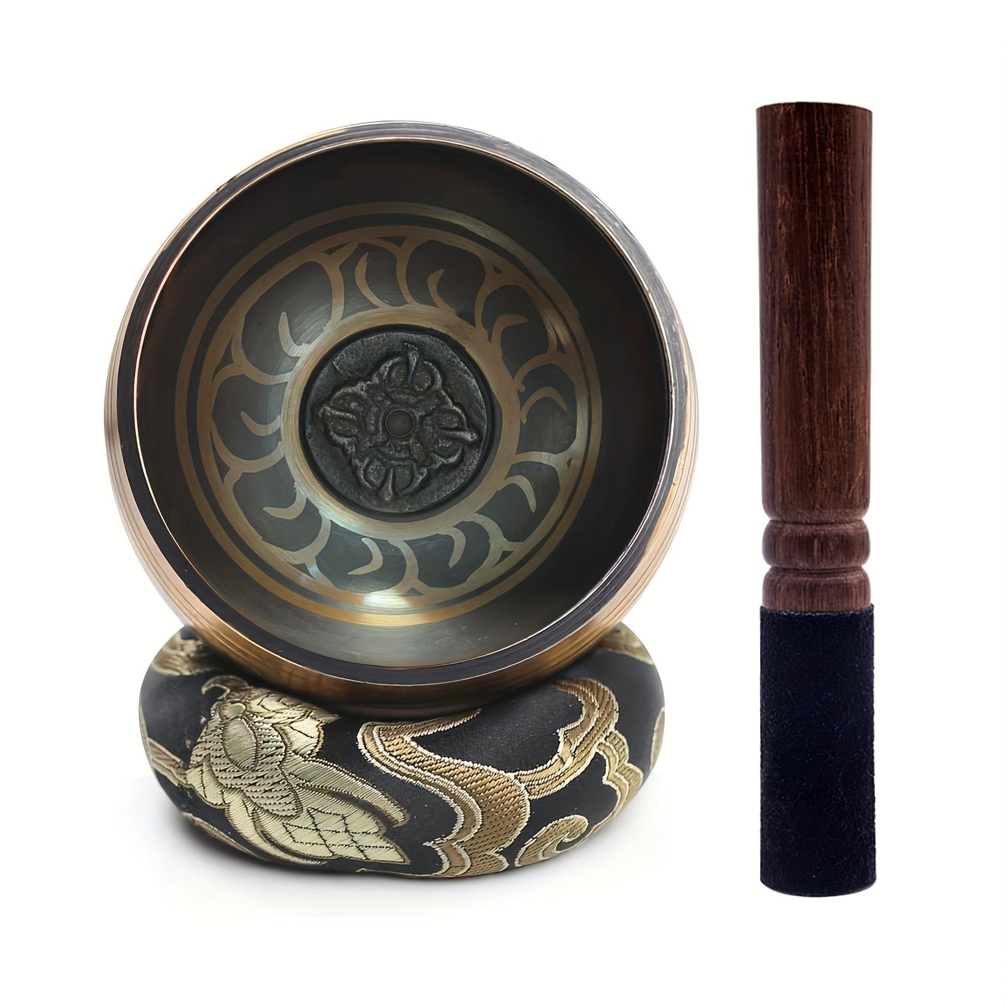 Handcrafted Tibetan Singing Bowls Set includes hammered copper sound bowl, mallet, and drawstring bag for yoga, meditation, and chakra balancing.