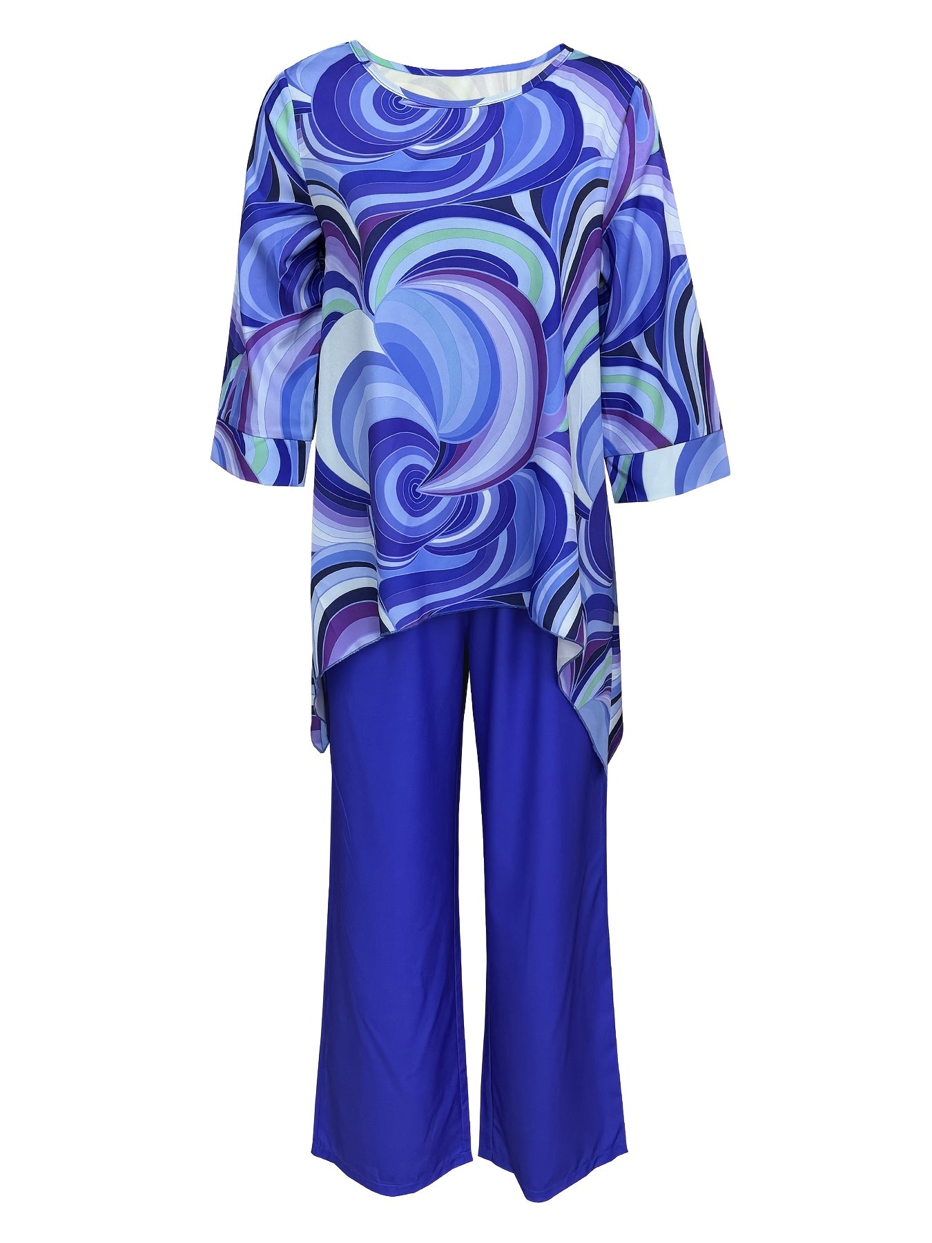 Elegant women's two-piece outfit featuring abstract swirl print round neck top paired with solid black pants. Made of polyester blend and machine washable.