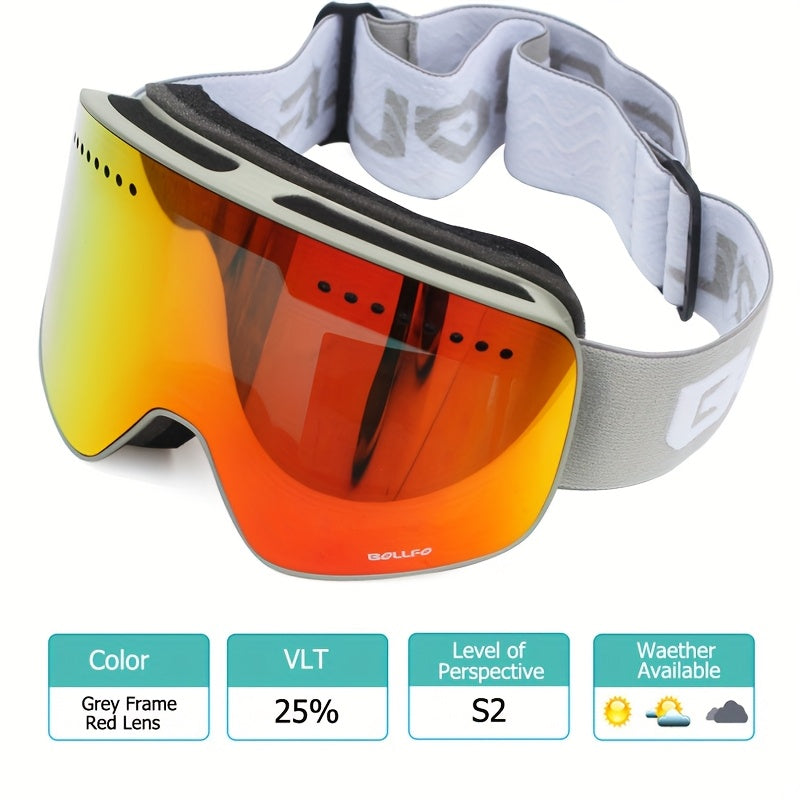 BOLLFO Anti-Fog Ski Goggles for Adults with Magnetic Double Layer Lens, Durable Frame, and Multiple Color Options.