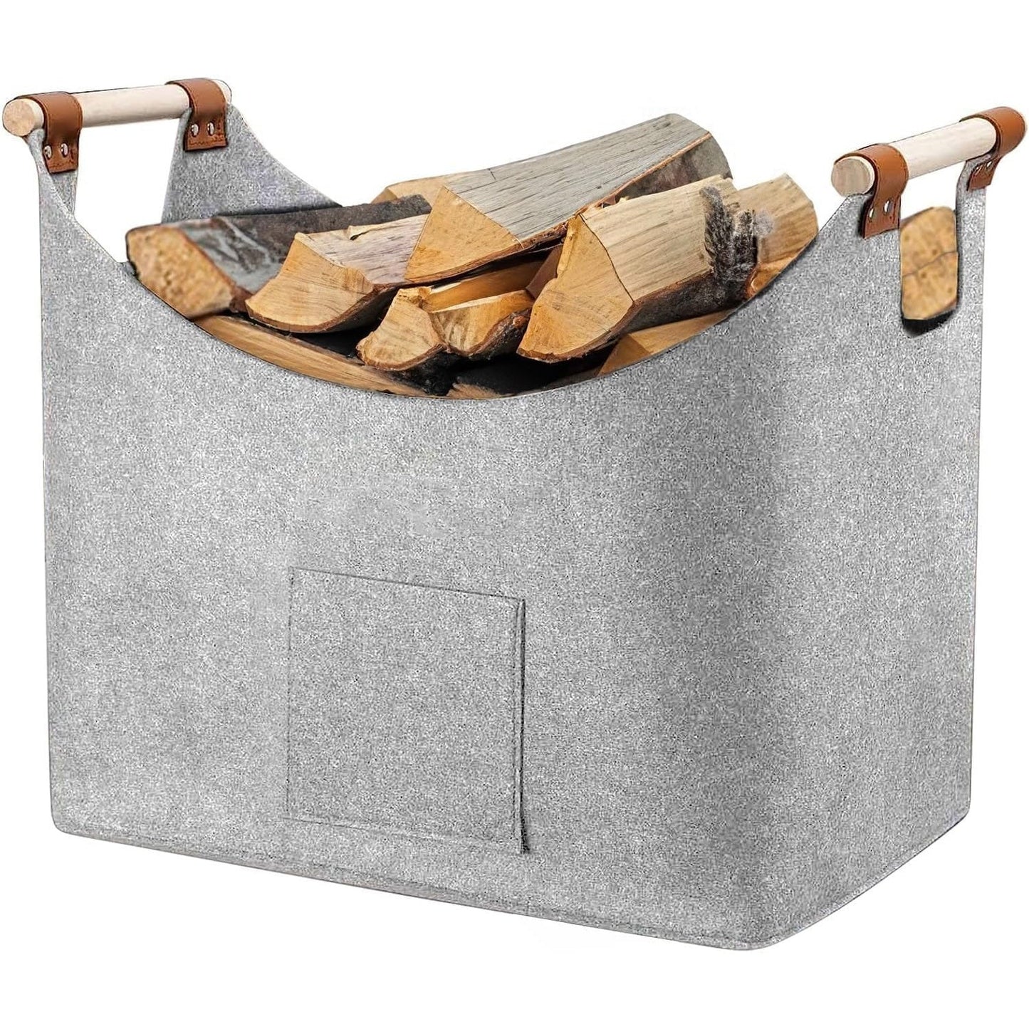 Durable PET material Large Grey Firewood Basket with Handles, Extra Thick Felt Wood Storage, Wall-Mounted Firewood Holder for Fireplace, 36kg/46L Capacity, Dimensions 45x40x32cm