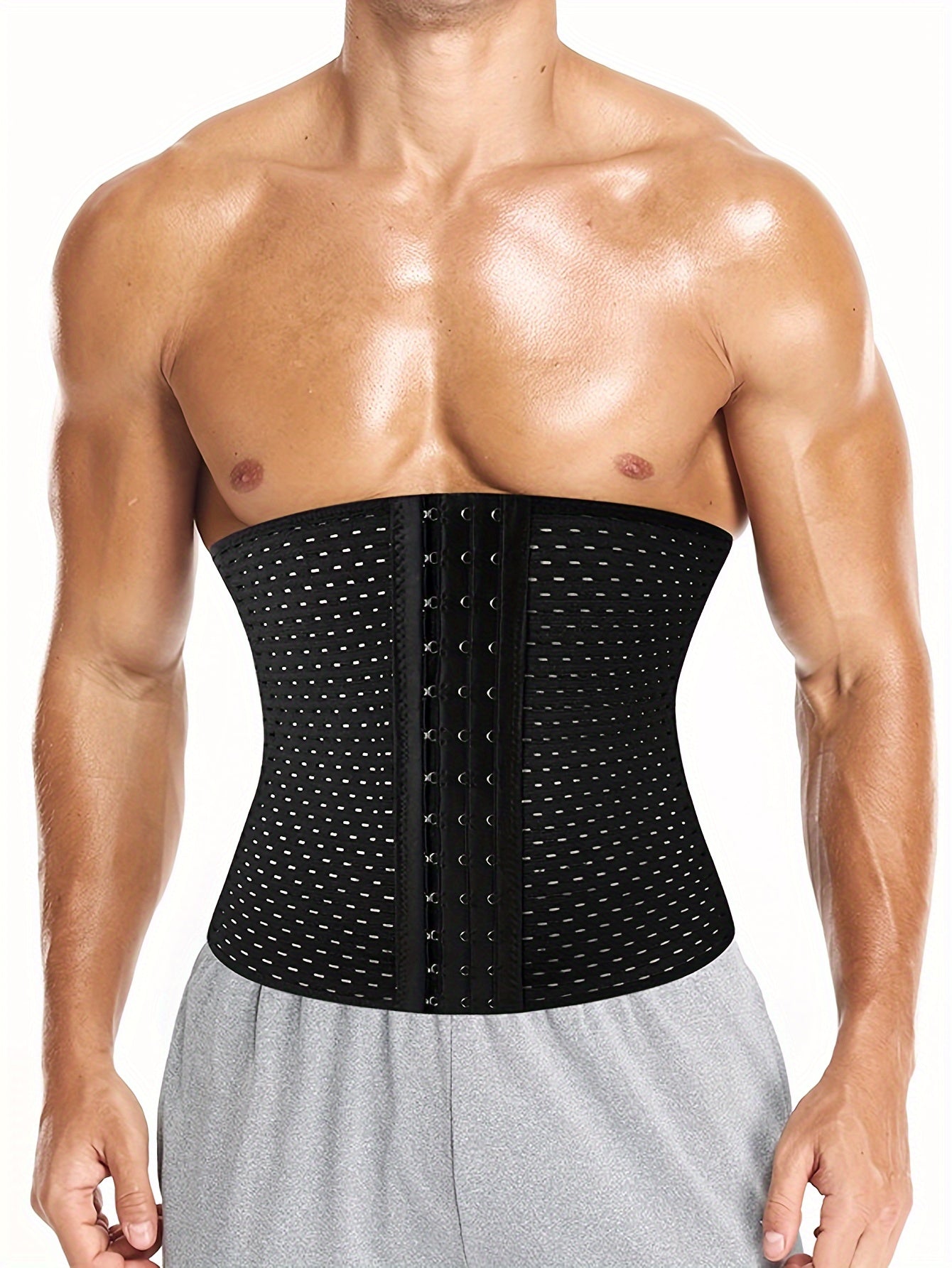 Men's breathable mesh waist belt with 3 row buckle and 4 steel bones for tummy control, ideal for daily wear.