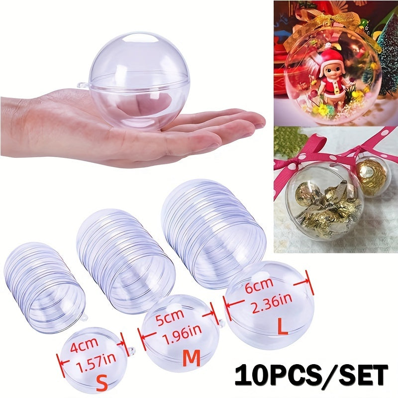 10 Clear plastic round ball Christmas tree decorations for party, wedding, and home decor.