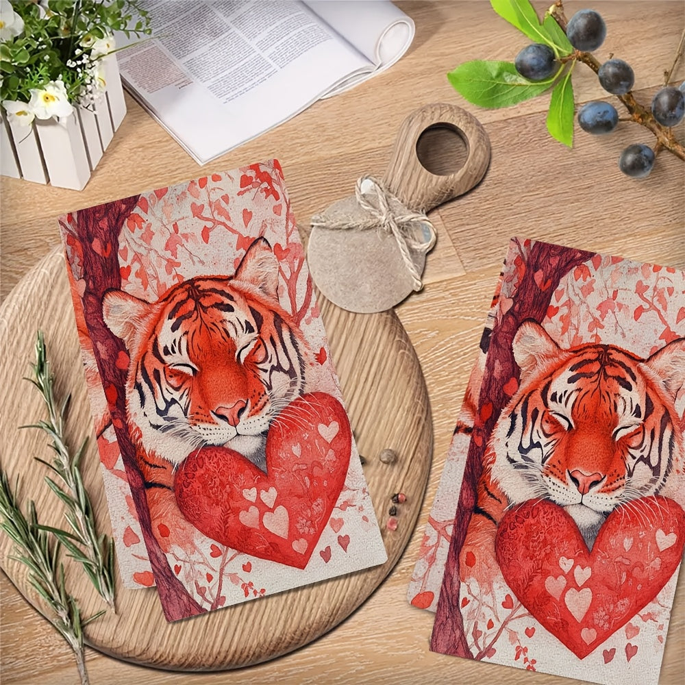 Valentine's Day Tiger Funny Tiger Kitchen Towels - Set of 2, Ultra Soft and Highly Absorbent Dish Hand Towels for Holiday Decor, Machine Washable, 16x24 Inch Dimensions - Item Number 2KYSYS1217648