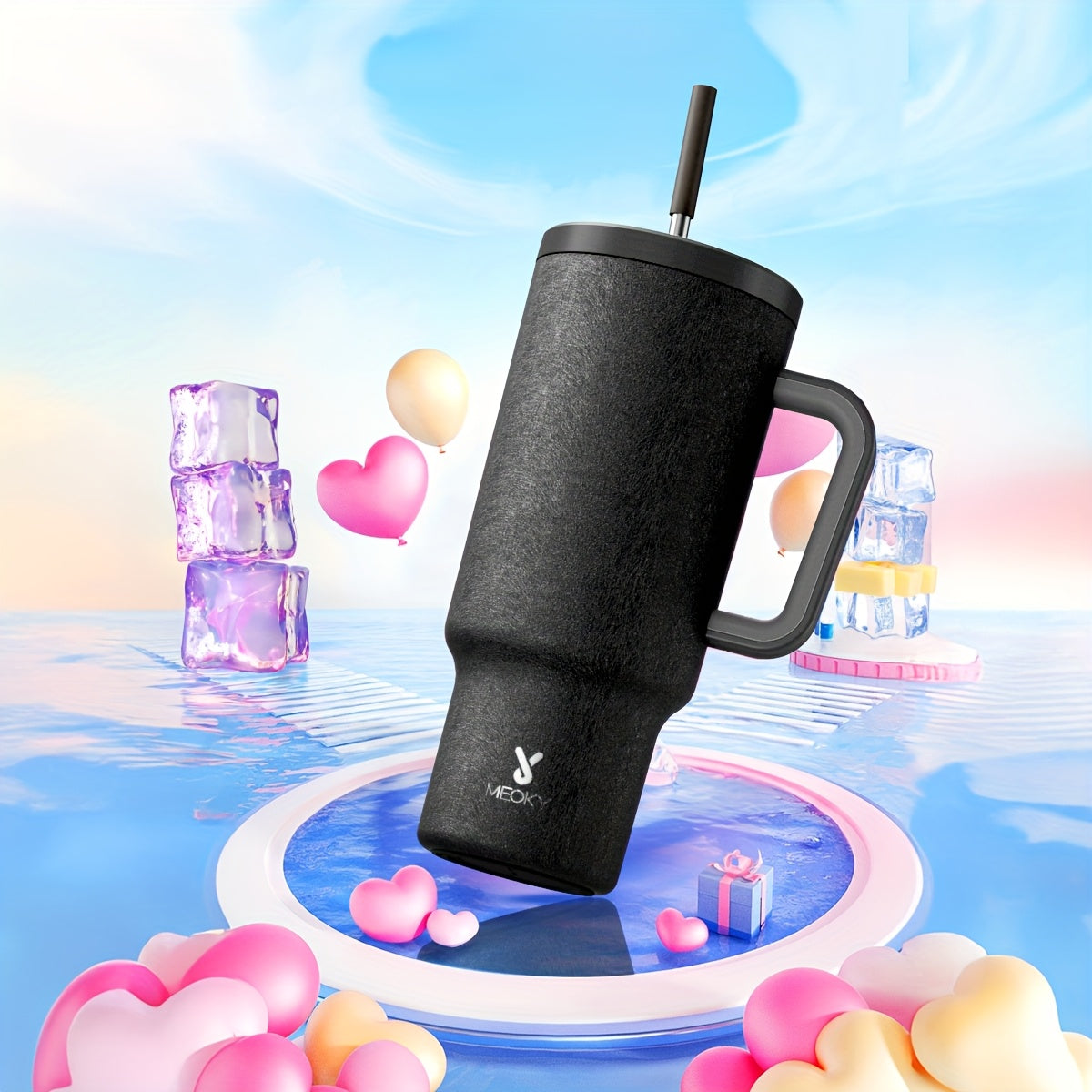 1 leakproof stainless steel travel mug with handle, straw, and insulated lid, suitable for outdoor activities and travel.