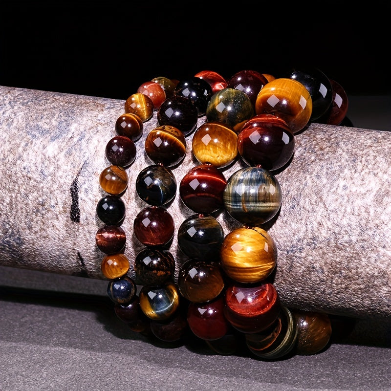 Loose round beads made from natural three-color Tiger Eye stone available for wholesale. Perfect for creating semi-finished DIY jewelry such as woven bracelets, necklaces, and sweater chains.