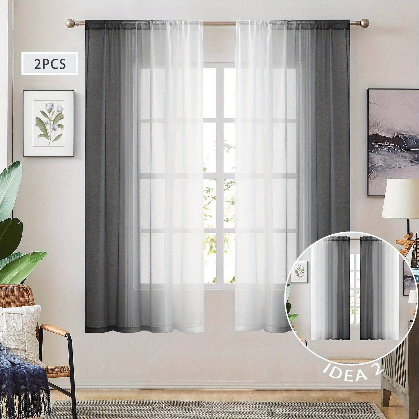 Two pieces of rod pocket curtains with a gradient style, made of transparent imitation linen material. These sheer curtains are perfect for adding a decorative touch to any bedroom, office, kitchen, living room, study, or home decor.