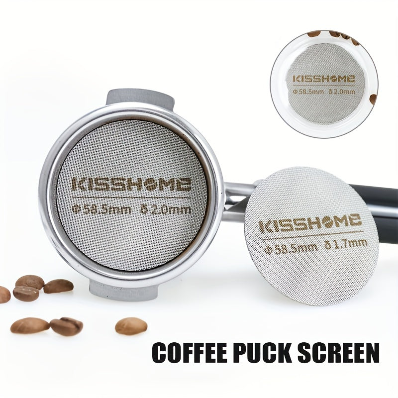 Reusable espresso puck screen made of 316 stainless steel, heat resistant, available in diameters of 51mm, 53.5mm, and 58.5mm. Compatible with Breville machines and 51mm, 54mm, and 58mm portafilters. Includes coffee accessories.