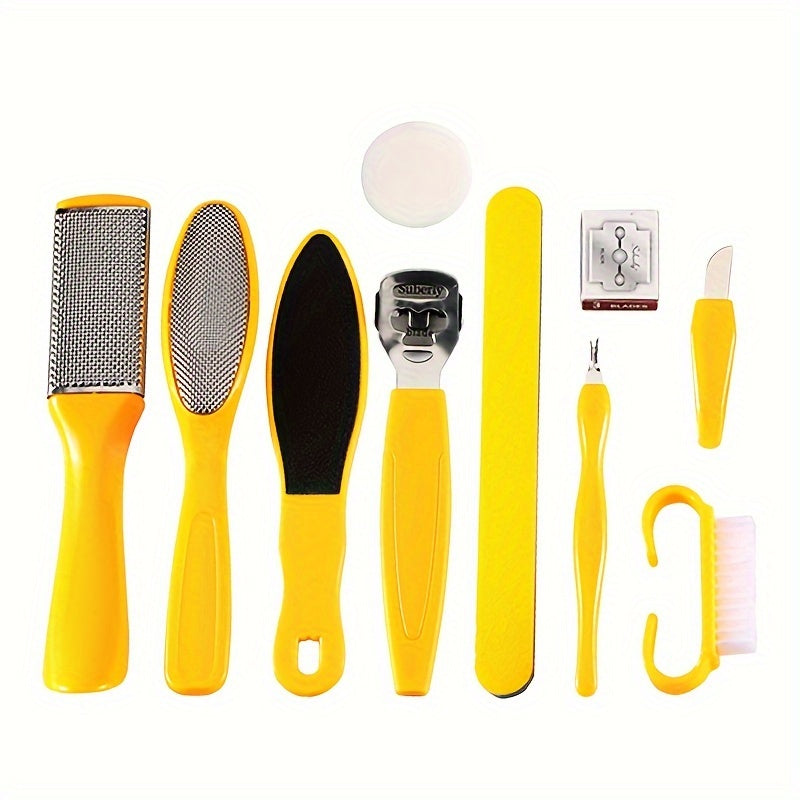 Yellow plastic pedicure set includes callus remover, file, and scraper for smooth skin without batteries or odor.