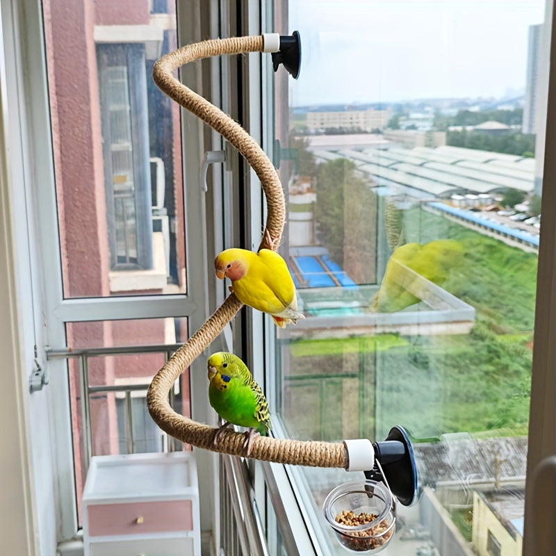 Durable PVC curved perch with suction cup for small to large parrots, mountable on windows, glass, and smooth tile walls for sunbathing and exercise.