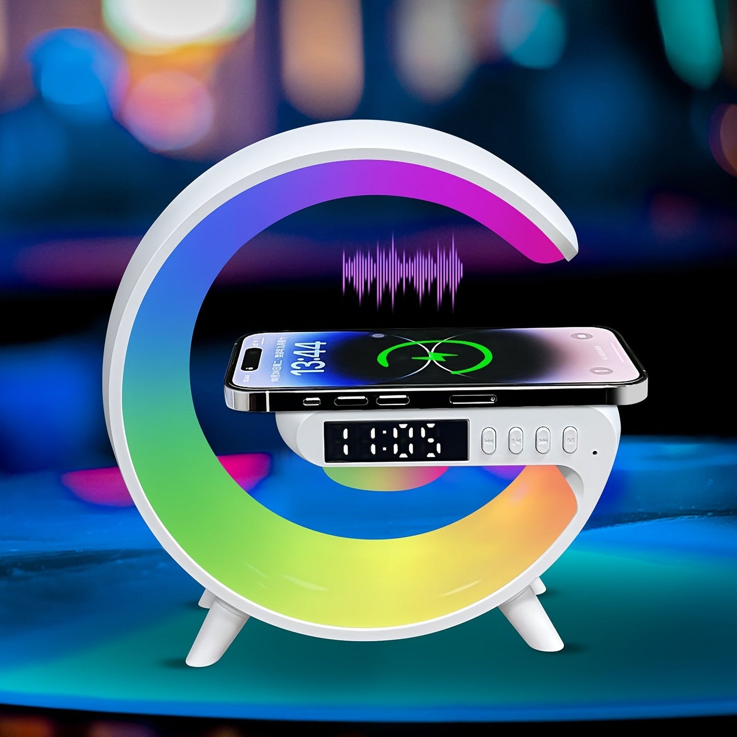 Get the ultimate multifunctional alarm clock with smart features for a perfect wake-up experience. This clock features a sunrise wake-up light with wireless charging capabilities, smart connectivity, timer functionality, music speaker, adjustable colors