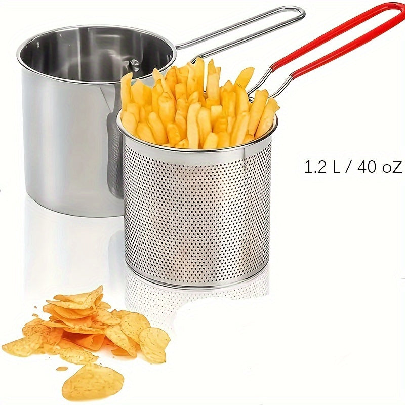 Compact and easy-to-use stainless steel deep fryer with filter rack, ideal for crispy potato chips, French fries, fish, and chicken. Essential for home cooking.