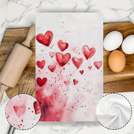 Set of 2 Valentine's Day Kitchen Towels, featuring 'Love At First Swipe' Hearts design. These Ultra Soft and Highly Absorbent Dish Hand Towels are perfect for holiday decor. Machine washable, each towel measures 16x24 inches. Item number: 2KYSYS1217559