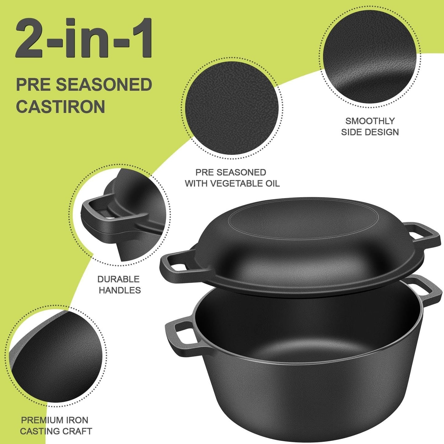 ITECHJOY Cast Iron Cookware Set includes two pieces of versatile 2-in-1 oven pots with lids, suitable for baking, cooking, and camping.