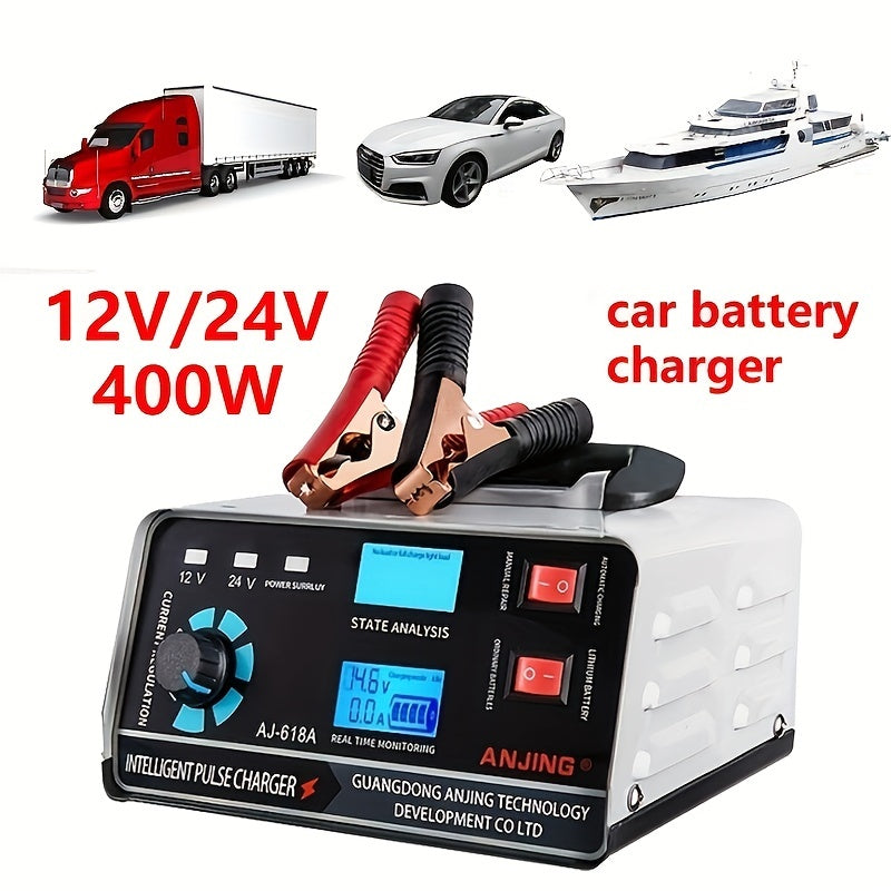 AU Plug Car Battery Charger for 12V 30A/24V 17A 400W Lithium batteries, suitable for car, boat, motorcycle lead acid batteries. Charger maintains battery without battery included.