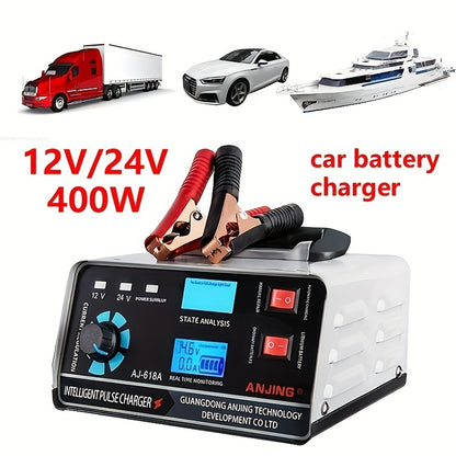 AU Plug Car Battery Charger for 12V 30A/24V 17A 400W Lithium batteries, suitable for car, boat, motorcycle lead acid batteries. Charger maintains battery without battery included.