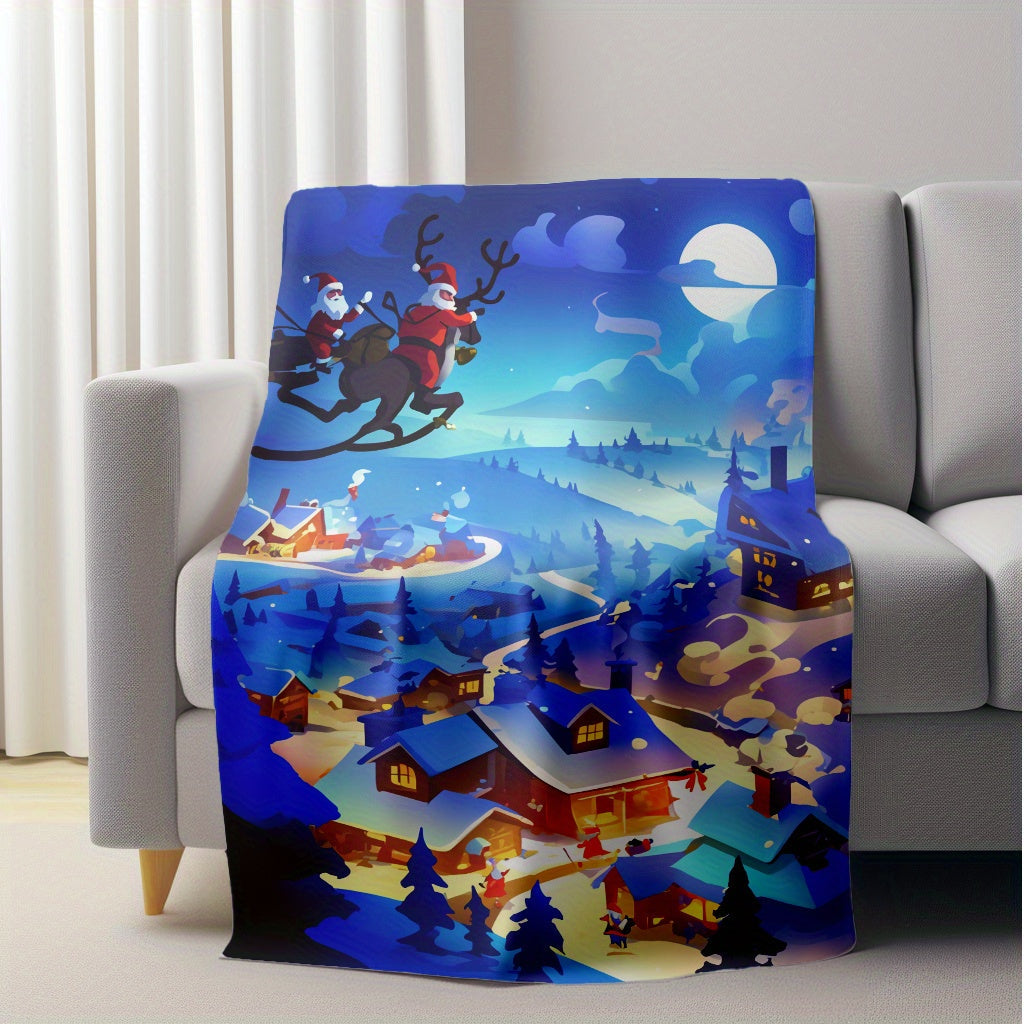 Christmas Night Sky & Snowy Village Flannel Plush Blanket - Soft and Cozy Lightweight Throw for Home, Office, or Travel. Versatile All-Season Blanket made from Durable Polyester Fabric. Machine Washable and Contemporary in Style. Perfect for Camping, Car