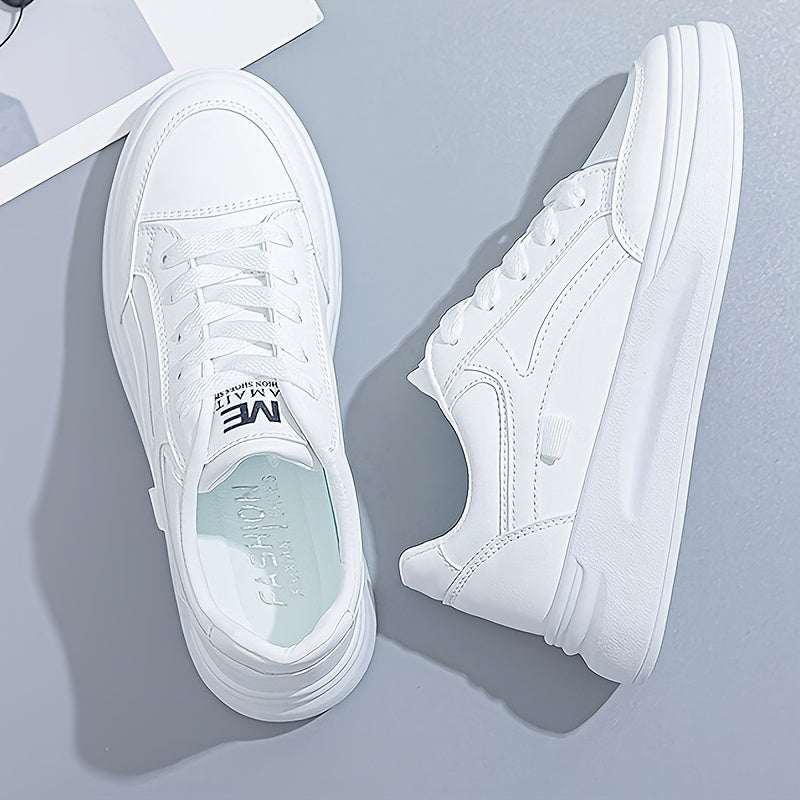 Height increasing lace-up platform skate shoes for women in white, suitable for outdoor walking and available in plus sizes.