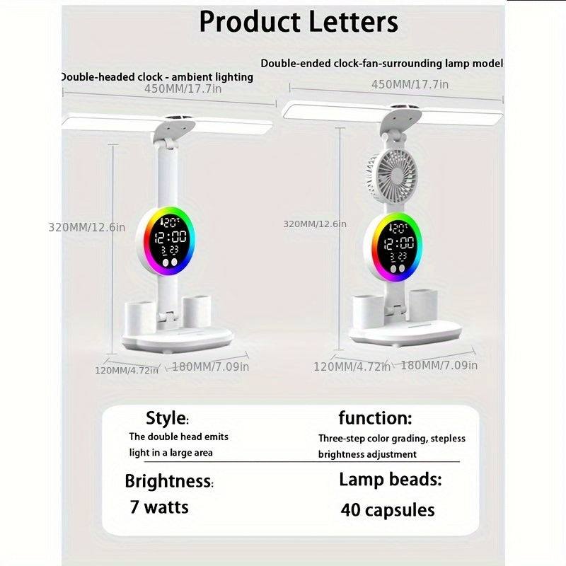 LED fan plug-in lamp with dual head lighting and radio, ideal for studying in college dorms or bedrooms. No battery required.