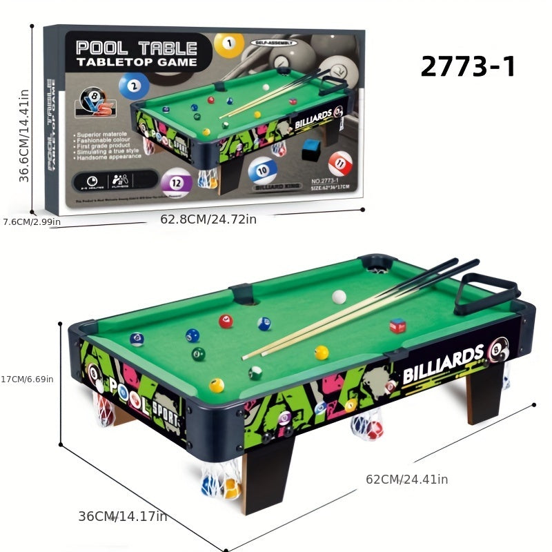 3 sizes of self-assembled pool tables with cues and 15 balls. Ideal for multiple players, made with a wooden frame for indoor fun.