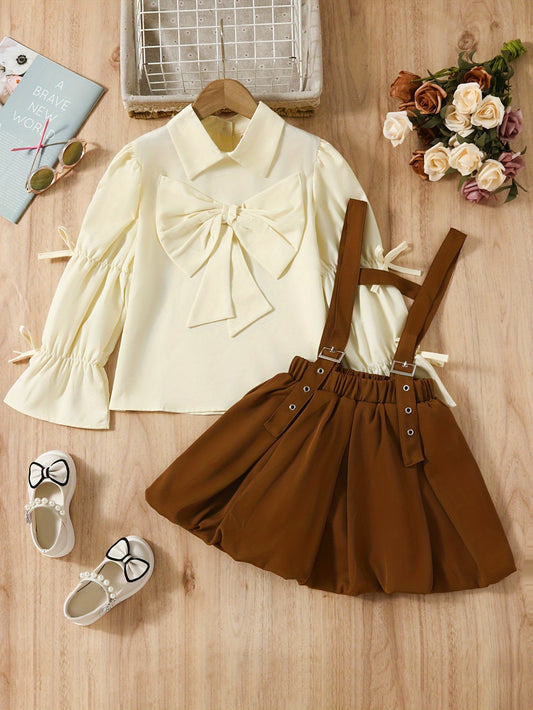 2024 New Girls' Spring/Autumn Outfit: Modern Baroque Pleated Bow Shirt with Suspender Skirt, Two-Piece Set.