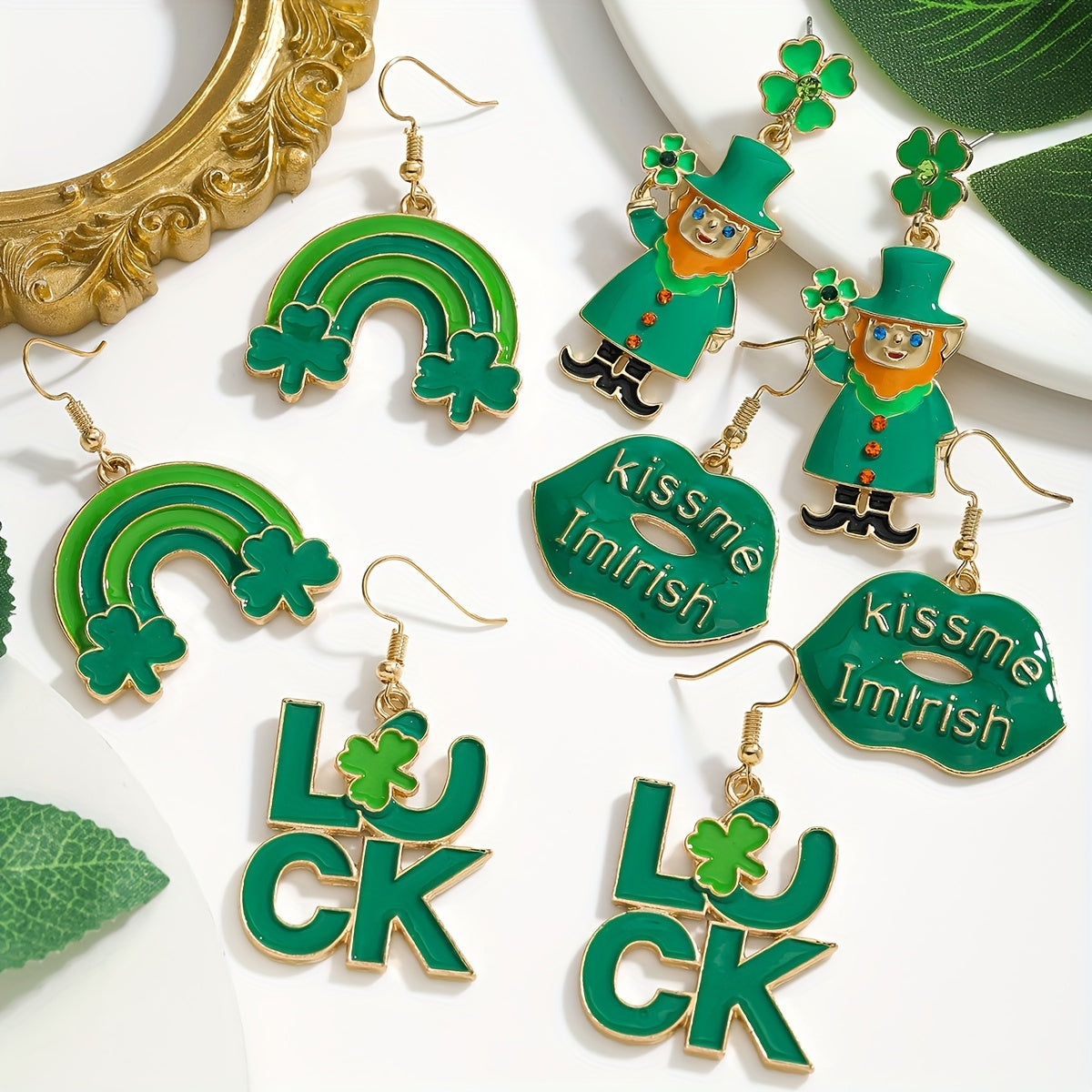 St. Patrick's Day Charm Earrings featuring a Lucky Clover and Rainbow Design adorned with Sparkling Rhinestones. Made with Stainless Steel Posts, these Earrings are crafted from Alloy, making them a Perfect Gift for Her. In Irish Green, Lip-shaped, Oil