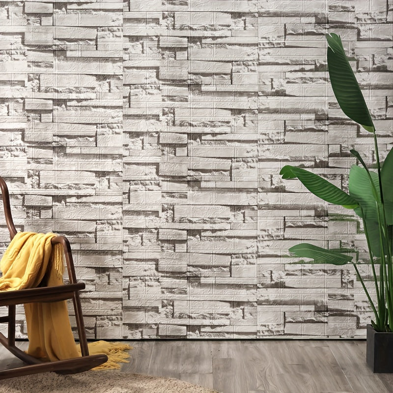 Vintage brick pattern self-adhesive wallpaper roll, waterproof and removable, ideal for various living spaces. Measures 5.0m x 70.76cm.