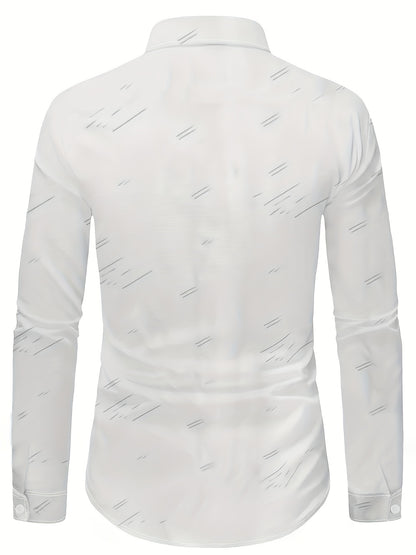 Men's casual shirt with white base and striped print, made of 140g fabric suitable for all seasons and occasions.