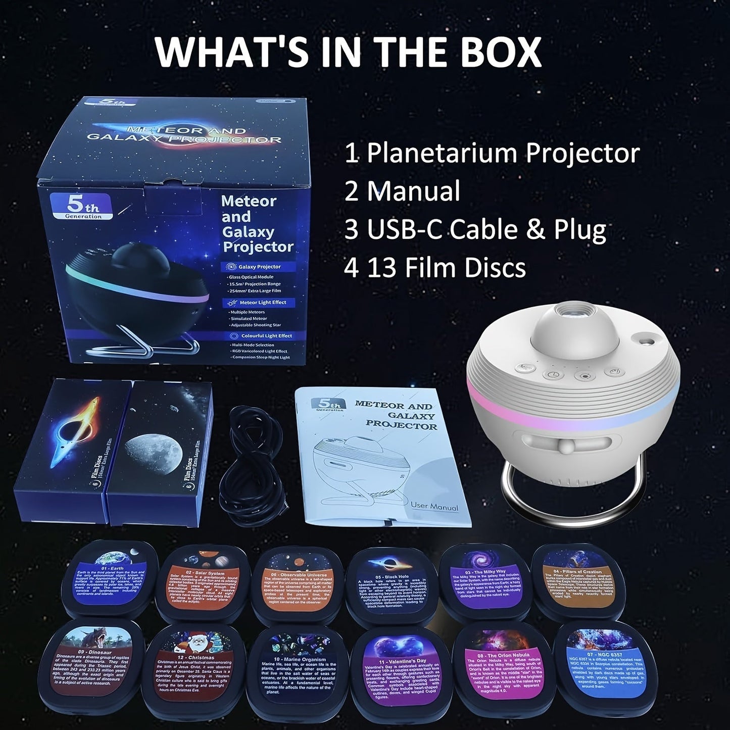 Get the Galaxy Projector with 13 Film Discs, Star Projector Planetarium Night Light Lamp Ceiling Space Starry Sky Projector with Light Strip Meteor and transform any bedroom into a cosmic wonderland. Perfect for a unique and magical gift idea for