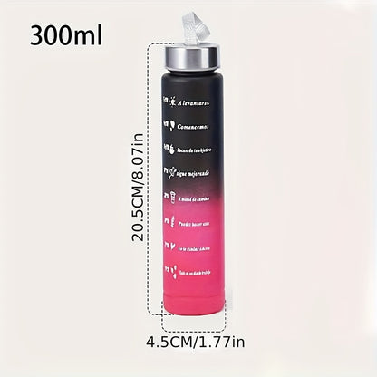 Gradient color water bottle with straw made of durable PC material, 800ml/300ml; red to black design with motivational phrases for fitness and health; portable and waterproof.