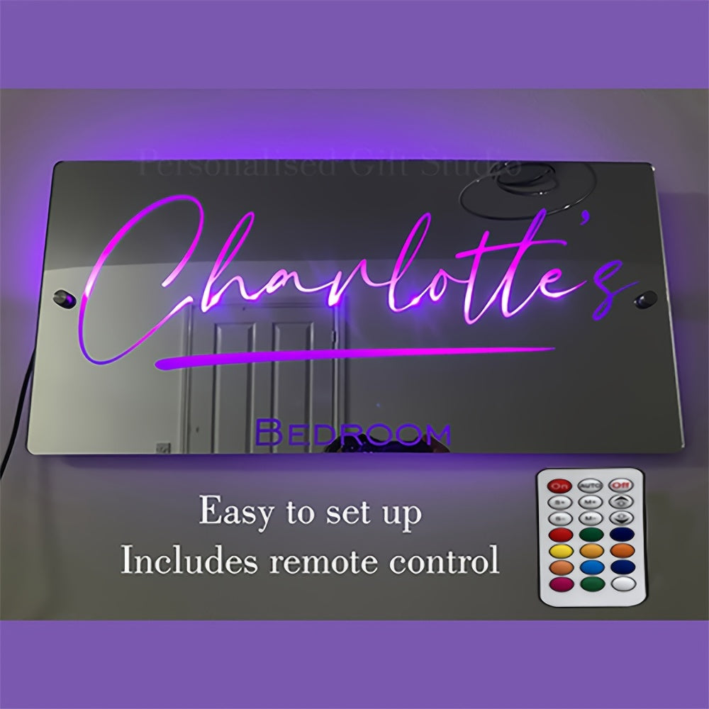 Custom name LED mirror light for bedroom, USB powered, wall-mounted with remote control - ideal for gifts and decorative purposes.