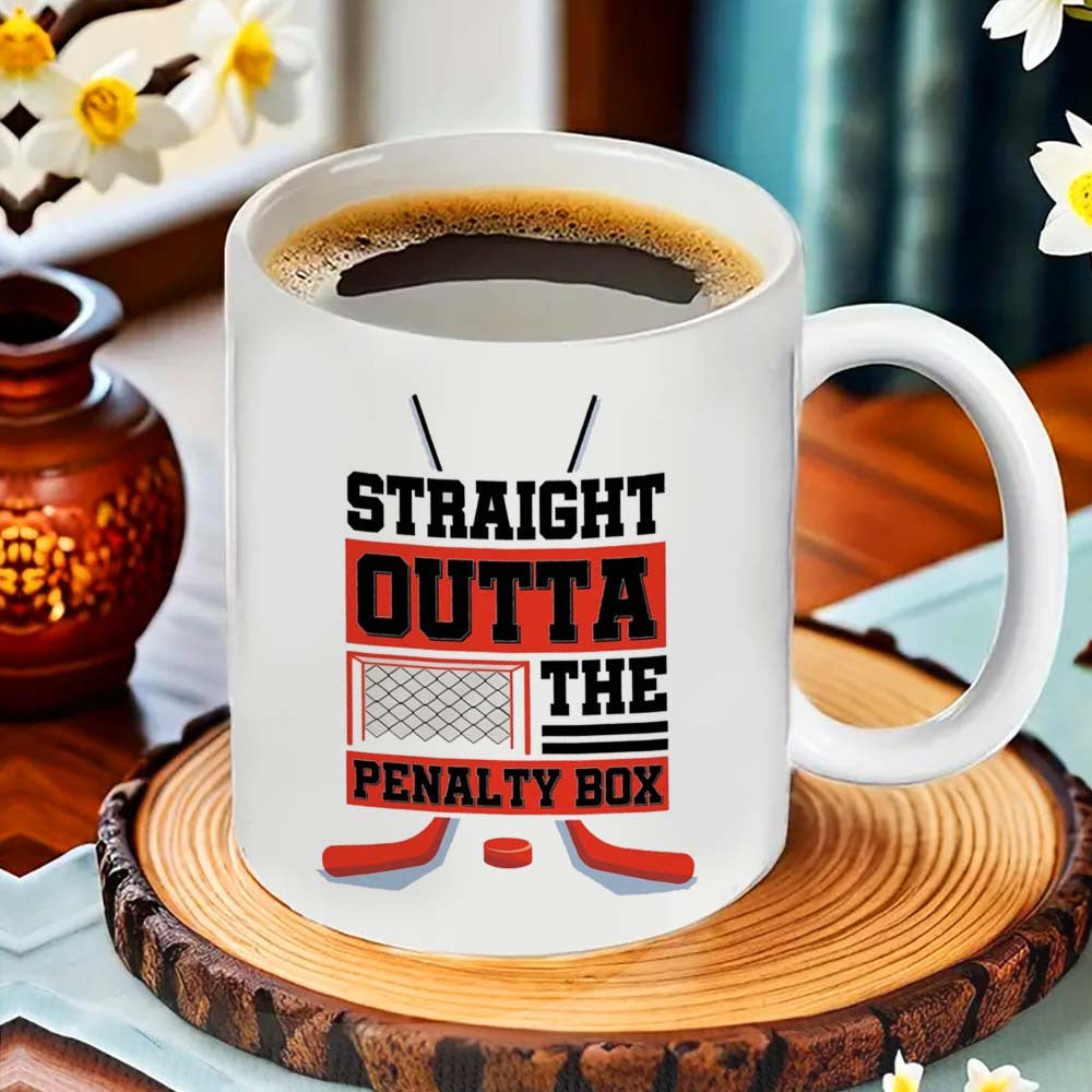 One hockey-themed ceramic mug, 11oz size, safe for food, doesn't require electricity, perfect for office, camping, dining - featuring the "Straight Outta The Penalty Box" design.