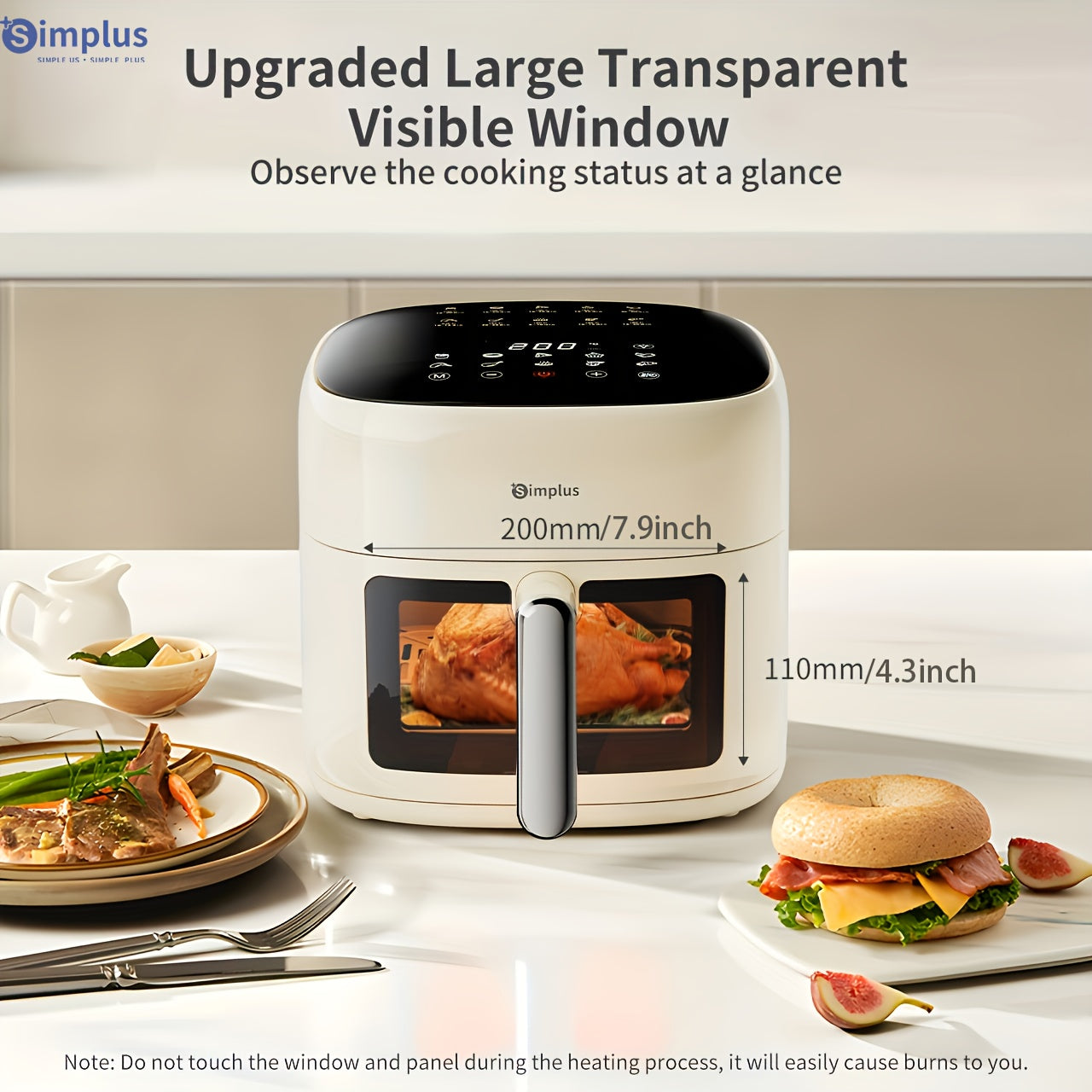 Simplus 1pc Air Fryer: 6L capacity for 5-8 people, compact design with easy storage, includes 10pcs parchment paper, full-color LCD touchscreen with 10 preset menus, fast 1500W cooking